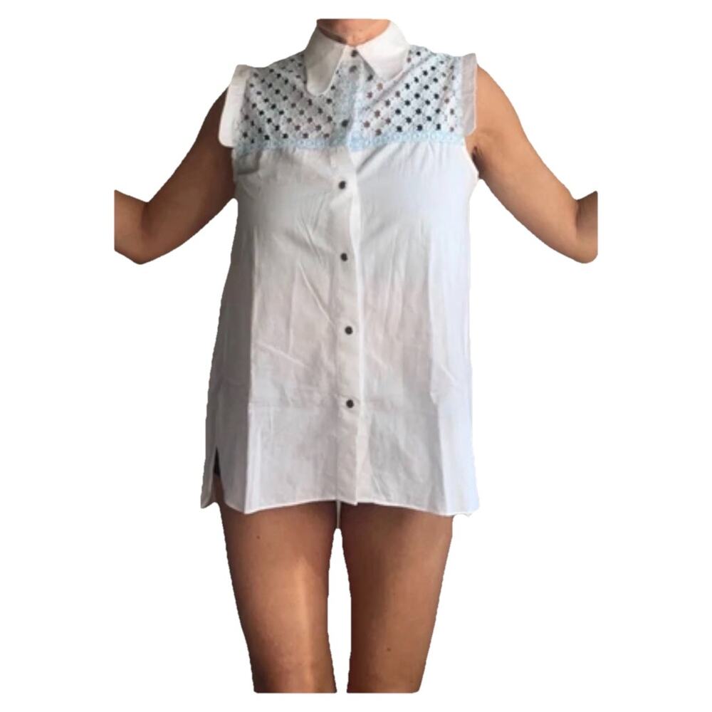 Carven Womens Snap Front Sleeveless Collared Lace Top White Blue Size EU 36 Sz S